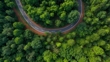 Overhead view of a road's elegant curves embracing the vibrant greenery of a forest in the monsoon period Generative AI