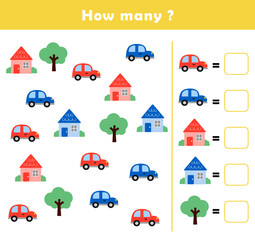 Find and count  worksheet. Counting children game cartoon. I spy game for toddlers. Counting educational activity for children and kids.	