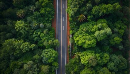 Overhead view of a road's elegant curves embracing the vibrant greenery of a forest in the monsoon period Generative AI