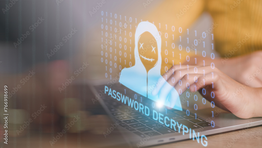 Poster a person is typing on a laptop with a password decyphering image