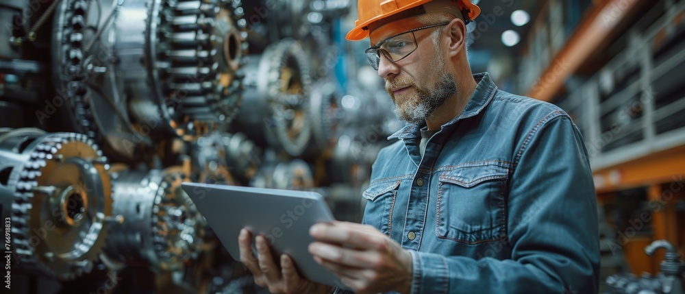 Aufkleber The chief engineer is holding a laptop with a 3D component model displayed on the screen. Modern factory equipment is in the background.
