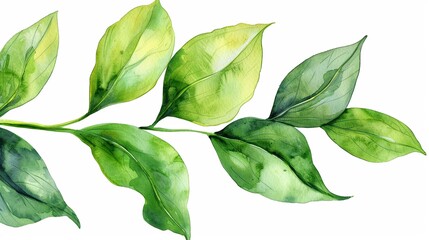 Vibrant Green Leaves watercolor clipart, single object focus, beautifully isolated on white, designed to add a fresh, lively touch to your creative projects without losing edge detail