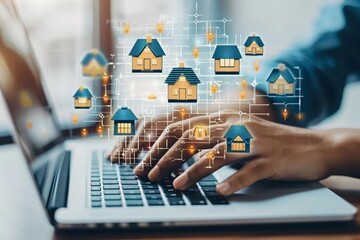 Property value and real estate concept. Person using laptop choose house to buy and different offers of property online - obrazy, fototapety, plakaty
