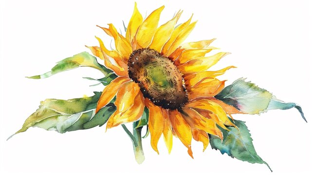 Vibrant Sunflower watercolor clipart, a single blooming flower isolated on white, symbolizing warmth and happiness, perfect for uplifting designs