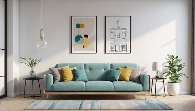 room interior mock up room house beautiful background sofa with blank copy space poster artwork hanging in the backdrop wall home design decoration,  colorful background
