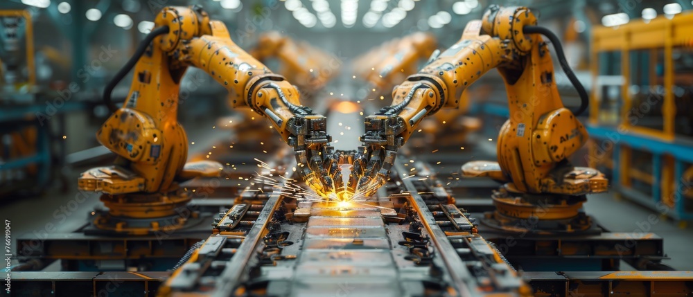 Poster robots welding in a car factory