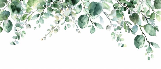 Soft Watercolor Greenery border clipart, with delicate leaves and subtle blooms, offering a gentle, natural frame, isolated on white for wedding stationery - obrazy, fototapety, plakaty