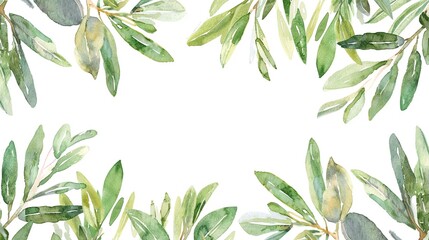 Watercolor Greenery border clipart, a mix of sage and olive branches, offering a rustic yet chic border, isolated on white, ideal for elegant branding - obrazy, fototapety, plakaty