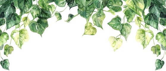 Watercolor Greenery border clipart, featuring a cascade of ivy and laurel, creating a verdant, inviting frame, isolated on white, perfect for botanical themes - obrazy, fototapety, plakaty