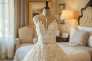 Elegant Lace Wedding Dress on Mannequin in Luxurious Bridal Suite with Vintage Decor and Soft Lighting