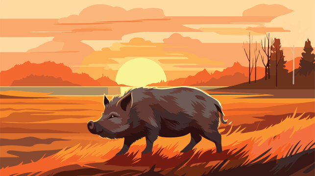 Wild boar in Sunset flat vector isolated on white background