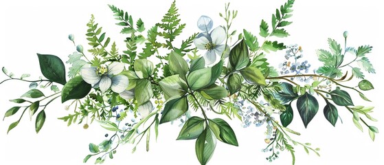 Enchanted Forest Greenery bouquets watercolor clipart, a blend of ivy, hellebores, and forest ferns, isolated on white, edges meticulously preserved for full design integrity - obrazy, fototapety, plakaty