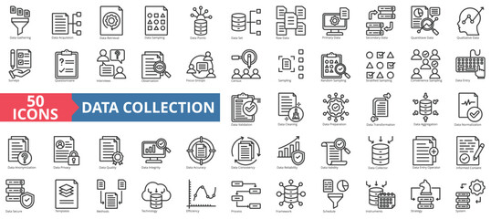Data collection icon collection set. Containing gathering, acquisition, retrieval, sampling, points, set, primary icon. Simple line vector.
