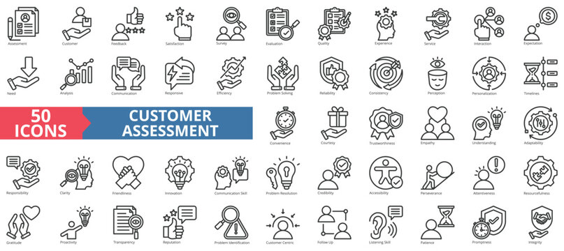 Customer assessment icon collection set. Containing service, feedback, satisfaction, survey, evaluation, quality, experience icon. Simple line vector.