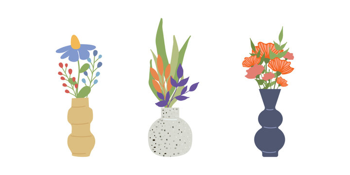 Set of bright spring and summer blooming flowers in vases and bottles isolated on a white background. Cartoon flat vector illustration.