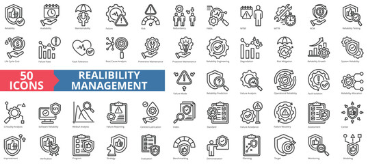 Reliability management icon collection set. Containing availability, maintainability, failure, risk, redundancy, fmea, mtbf icon. Simple line vector.