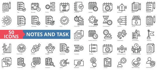 Notes and task icon collection set. Containing reminder, priority, deadline, completed, calendar, schedule, notification icon. Simple line vector.