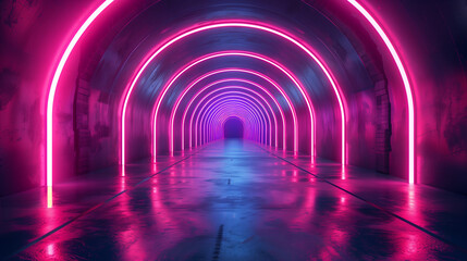 An empty tunnel illuminated with vibrant neon pink lights, creating a surreal and futuristic...