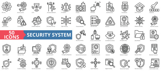 Security system icon collection set. Containing access control, cctv, intrusion detection, encryption, firewall, biometric, authentication icon. Simple line vector.