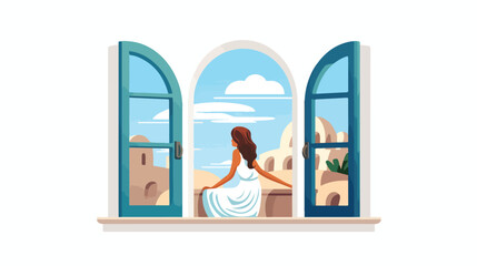 Woman Window Greece Clipart flat vector 