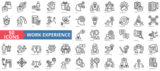 Work experience icon collection set. Containing job, career, position, responsibility, achievement, skill, teamwork icon. Simple line vector. - obrazy, fototapety, plakaty