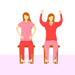 People are sitting on chairs. Men and women sit in different poses on chairs turned from different sides. Vector set