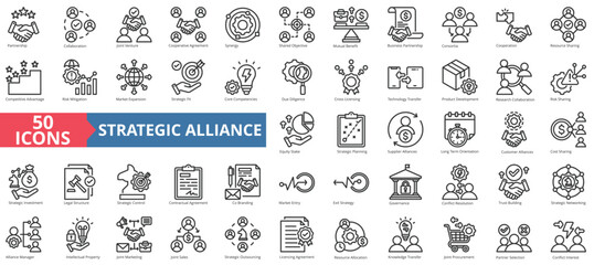 Naklejka premium Strategic alliance icon collection set. Containing partnership, collaboration, joint venture, cooperative agreement, synergy, shared objective, mutual benefit icon. Simple line vector.