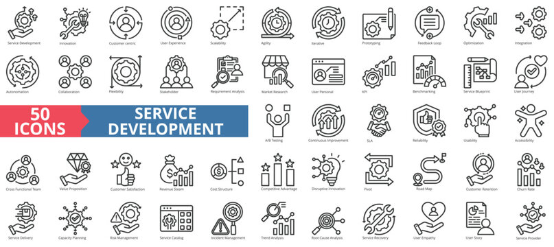 Service development icon collection set. Containing innovation, customer centric, user experience, scalability, agility, iterative, prototyping icon. Simple line vector.