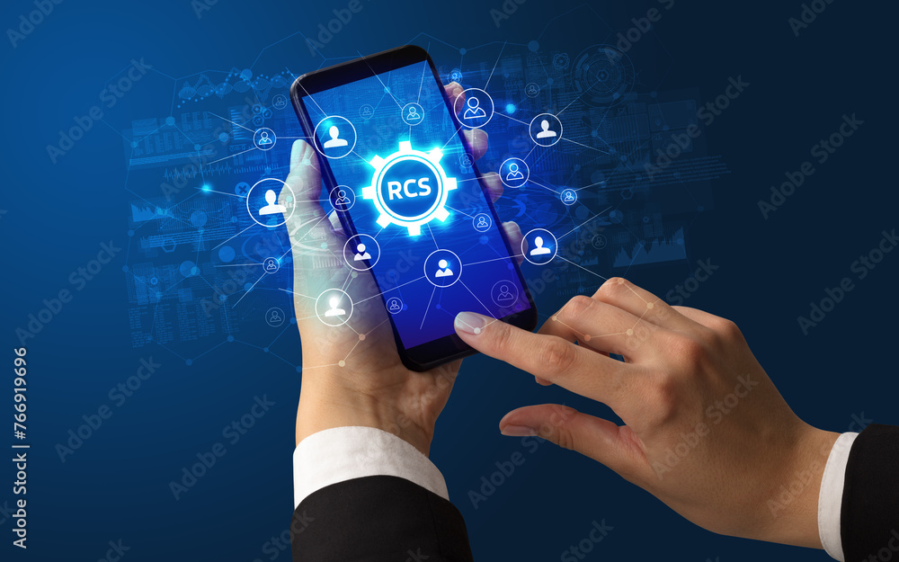 Aufkleber hand using smartphone with technology concept