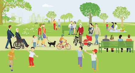 Erholung im Park  mit Familien und andere Personen, Illustration - 766919654