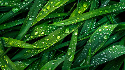 A detailed view of fresh green grass blades covered in tiny water droplets, reflecting light and creating a glistening effect. The water drops appear like jewels on the blades