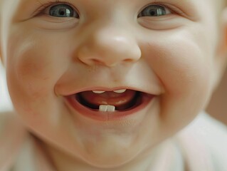 Close-up of a joyful baby with a beaming smile and the first signs of baby teeth, reflecting innocence and happy early childhood. laughter, cute, first-tooth, dental, health, growth, milestone - obrazy, fototapety, plakaty