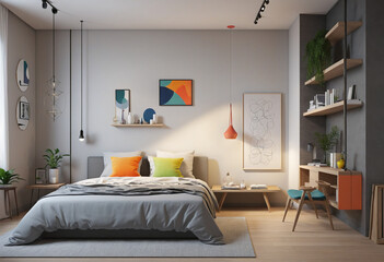 Illustration of modern minimalistic bedroom with colourful decoration on the wall,created with   technology colorful background