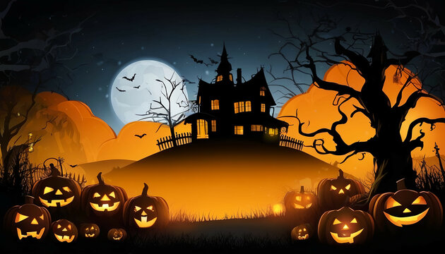 Background for Halloween with pumpkins. Old haunted house in spooky night
