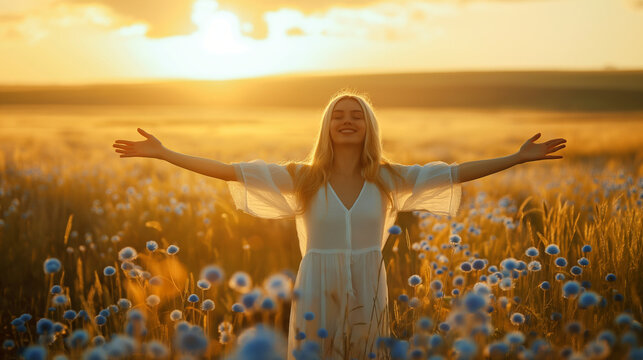 A woman with arms outstretched, embracing the sunset in a blooming field.