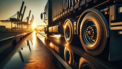 A semi-truck is driving on the highway at sunrise, with the sun casting a golden glow over the wet asphalt and the industrial cranes of a port silhouette in the background. - obrazy, fototapety, plakaty