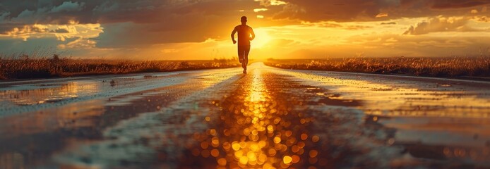 Silhouette of runner in sportswear on empty road at sunset, Generative AI