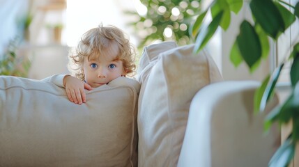 Fototapeta premium little asian children kid playing hide and seek standing behind the sofa, Adorable child having fun in the home. happy family have fun with kids, activity, learning, activity, game, meditation