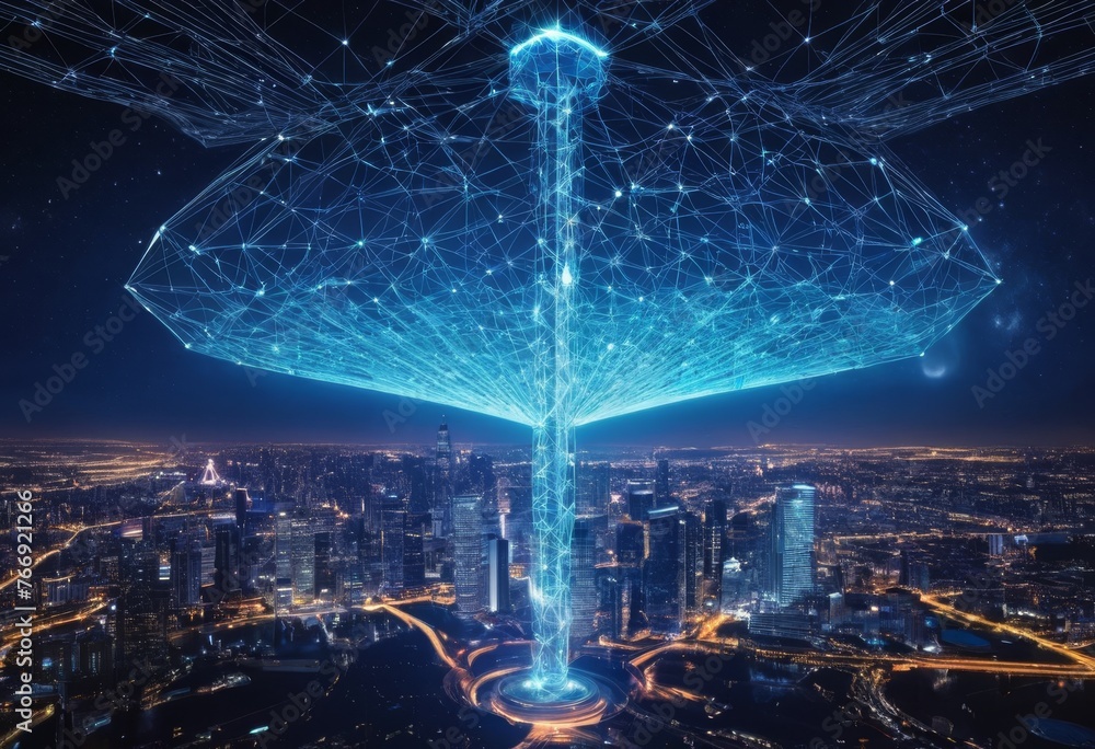 Poster a towering digital structure pulses at the heart of a nocturnal city, symbolizing connectivity and t