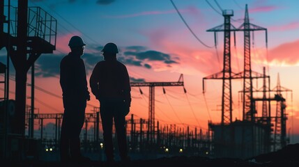 Fototapeta na wymiar Silhouettes of two engineers standing at a power station, discussing plans, industrial, pollution, factory, environment, smoke, sky, ecology, plant, steam