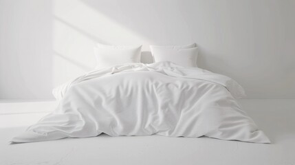 Mock up of white bedding on comofortable bed with pillows and blanket modern minimalist interior. Template for prints