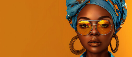 African woman with headscarf and yellow-tinted sunglasses.