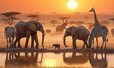 As the sun dips below the horizon, a tranquil scene unfolds with elephants and zebras gathering by a waterhole. The golden hour casts a warm glow over the savannah, reflecting in the still waters. AI - obrazy, fototapety, plakaty