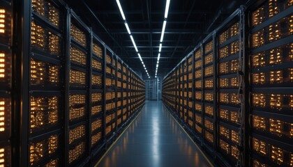 Inside a data center, golden LED lights illuminate the rows of high-tech server equipment. The photograph showcases a quiet power of the information age. AI generation