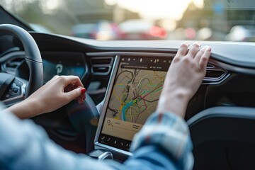 Navigation GPS System in electric vehicle car with hands on steering wheel, Ai generated	
