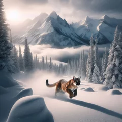 Deurstickers Puma sprints across snowy mountainous terrain  © robfolio