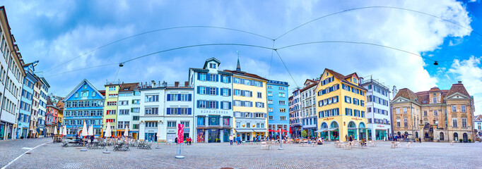 Panorama of the ensemble of medieval townhouse on Munsterhof square in Zurich, Switzerland - obrazy, fototapety, plakaty