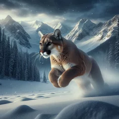 Gordijnen Puma sprints across snowy mountainous terrain  © robfolio