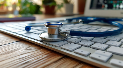 Stethoscope on White Keyboard, E-Health Concept with Blurred Plant Background AI-Generated