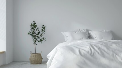 Mock up of white bedding on comofortable bed with pillows and blanket modern minimalist interior. Template for prints